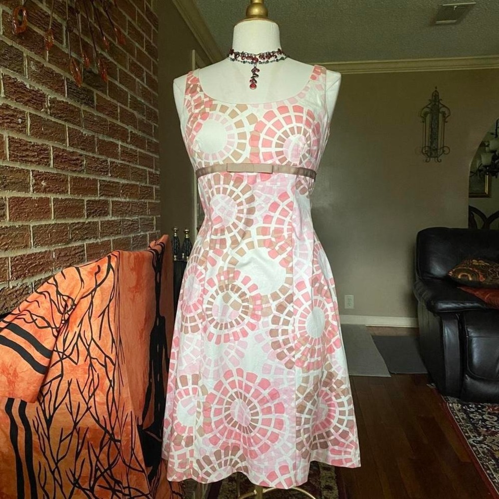 Maggy London Stretch Womens Y2K Whimsy Pink Geometric Empire Waist Dress 8